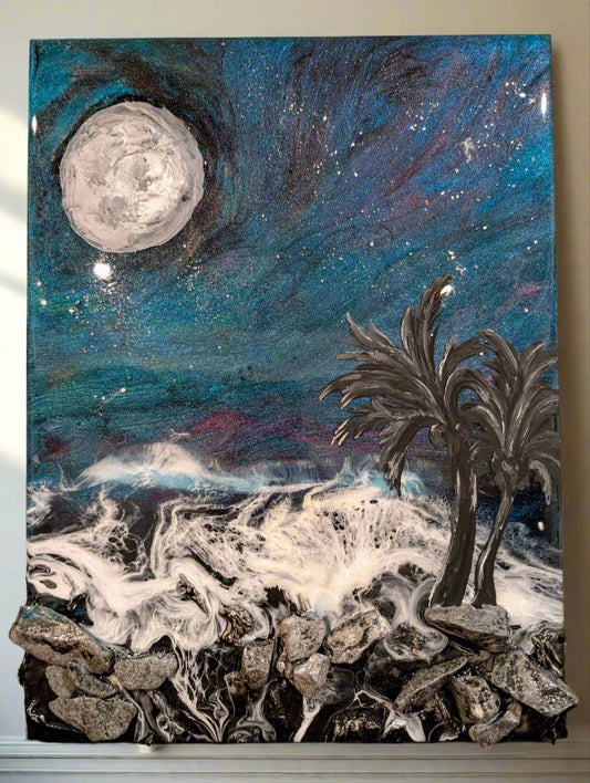 Moonlit Tides – Northern lights inspired Coastal wall art Nicole's paint Escape