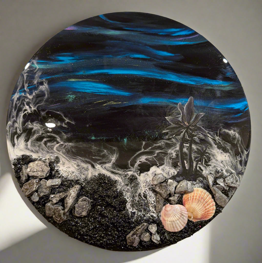 "Black Tide" Aurora Borealis inspired Black sand beach wall art Nicole's paint Escape