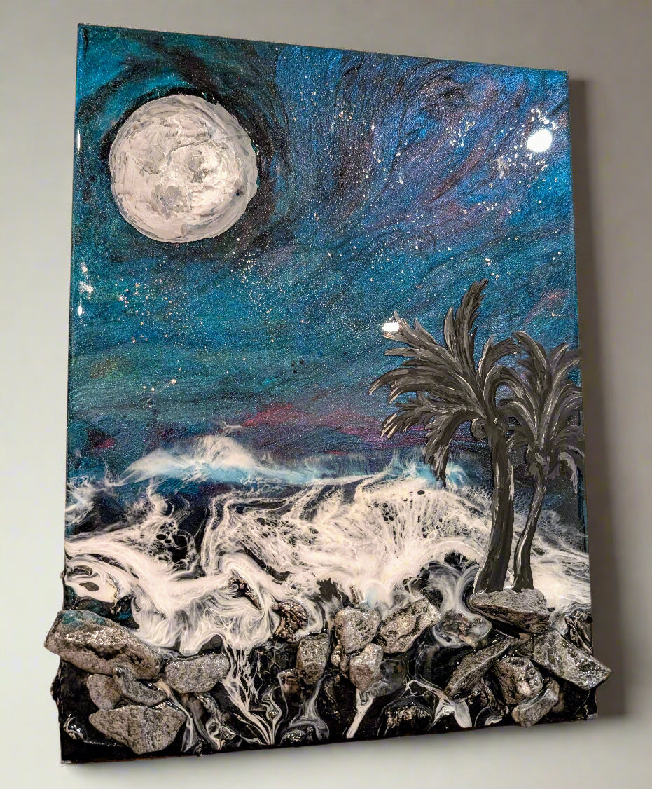 Moonlit Tides – Northern lights inspired Coastal wall art Nicole's paint Escape