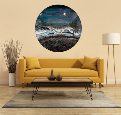 Moonlit Currents – Large Round Coastal Resin Art with Waves & Textured Shoreline Nicole's paint Escape