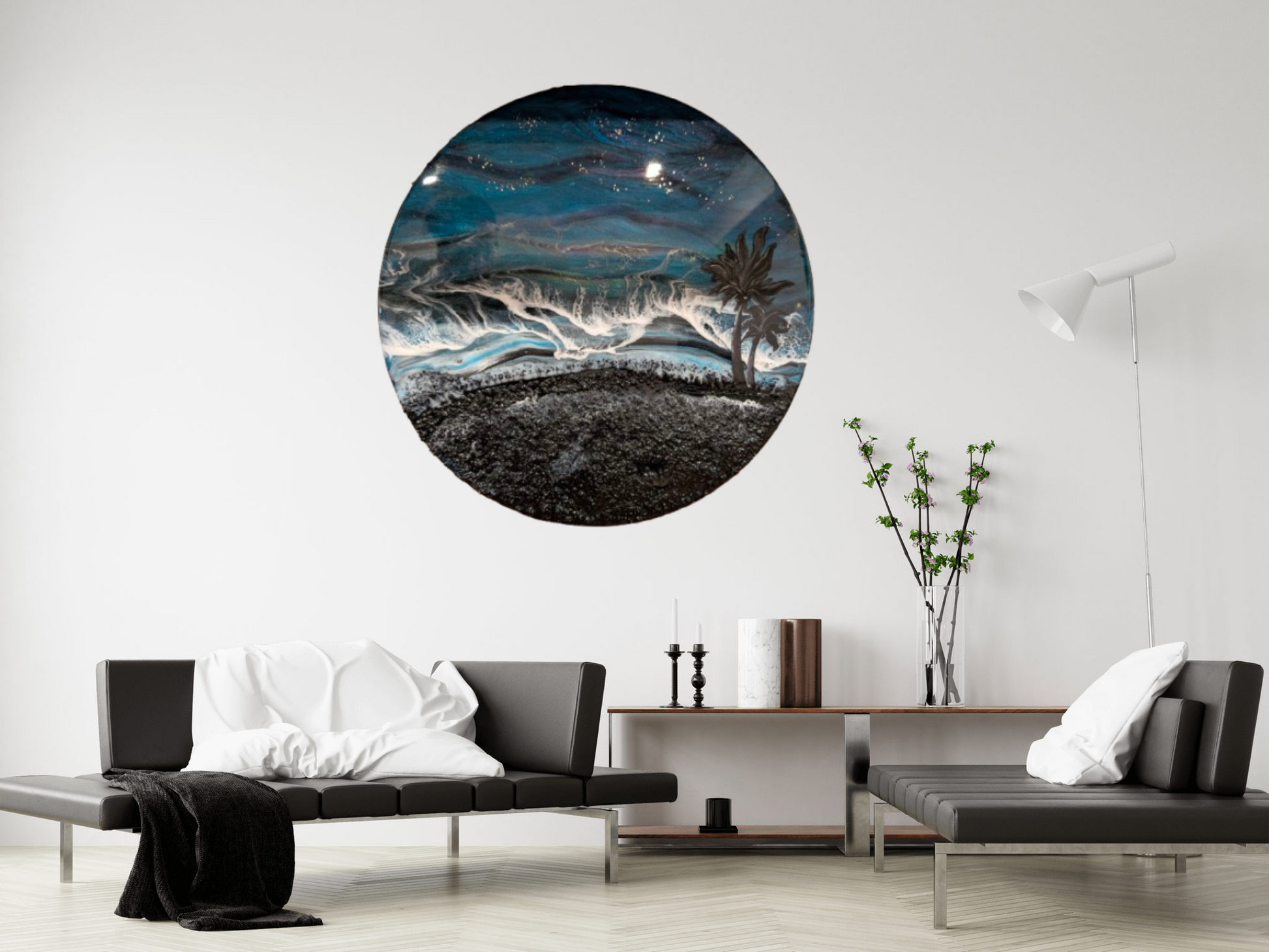 Moonlit Currents – Large Round Coastal Resin Art with Waves & Textured Shoreline Nicole's paint Escape