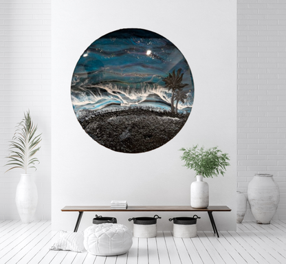 Moonlit Currents – Large Round Coastal Resin Art with Waves & Textured Shoreline Nicole's paint Escape